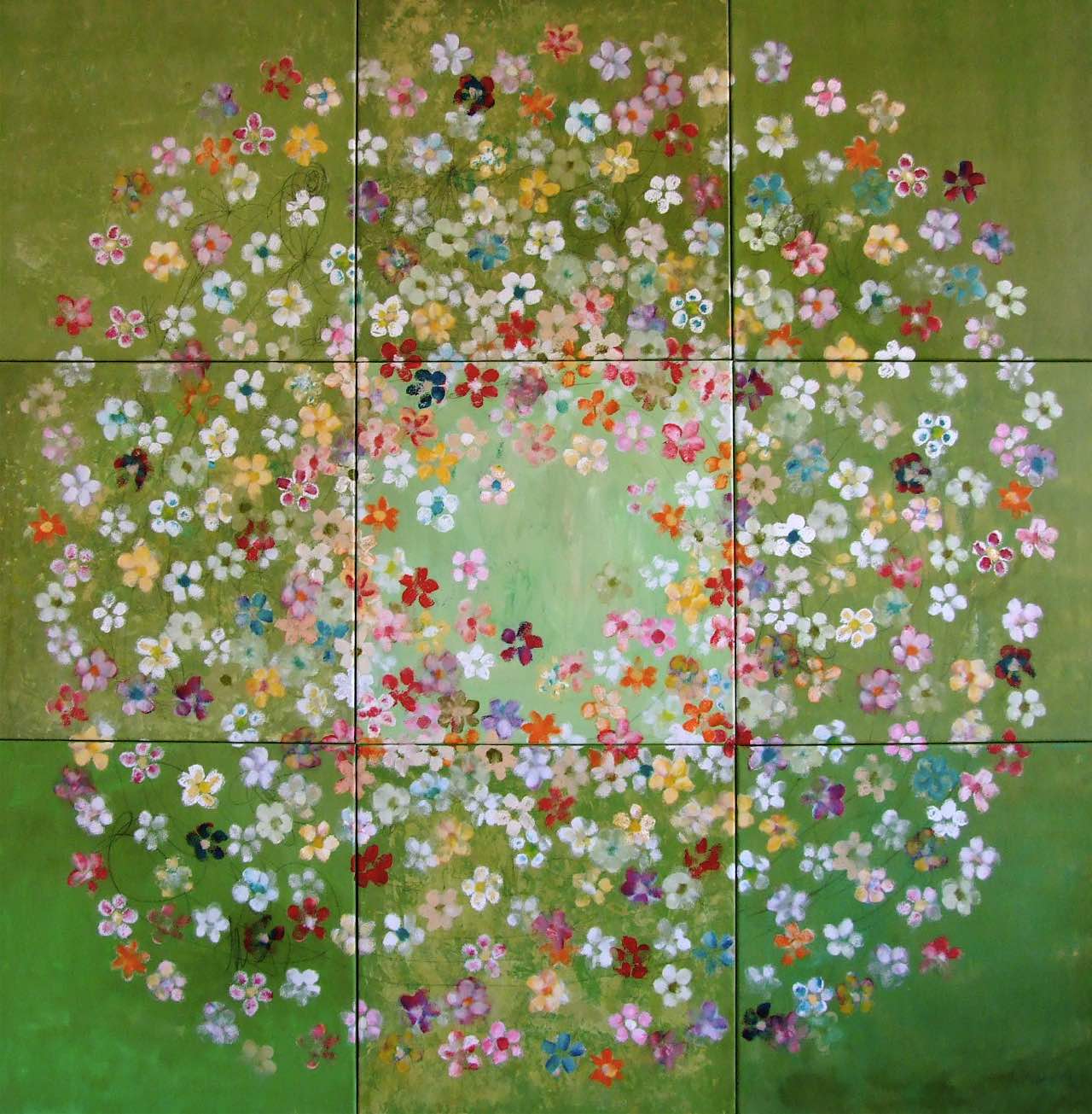 Blütenpracht 150 x 150 cm, gestempelte Blüten auf grünem Hintergrund